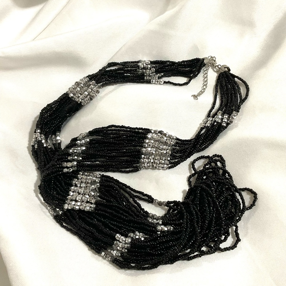 Silver & Black 20 Strand Beaded Necklace